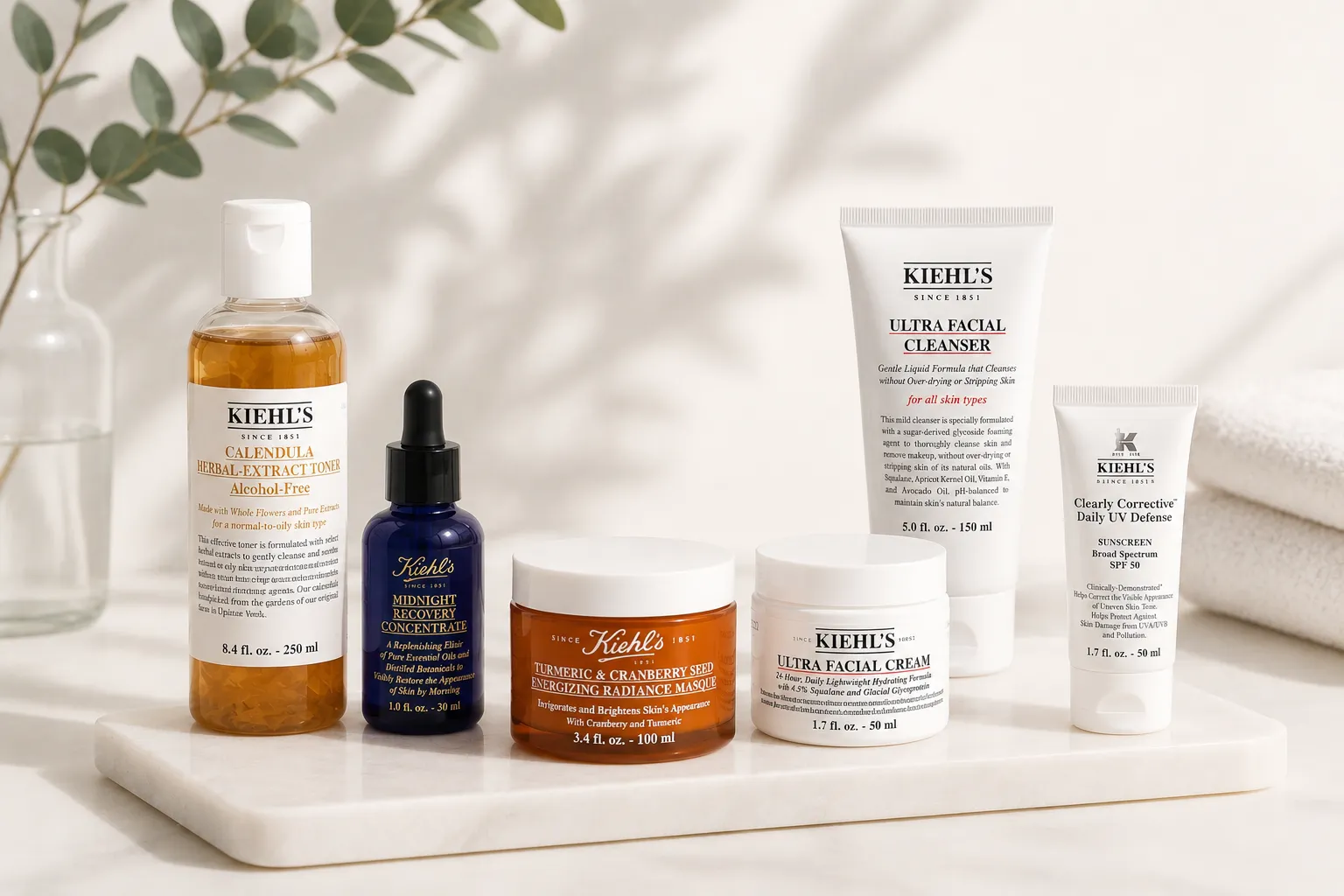 Kiehl's gelaatsverzorgingsproducten op een lichte marmer achtergrond